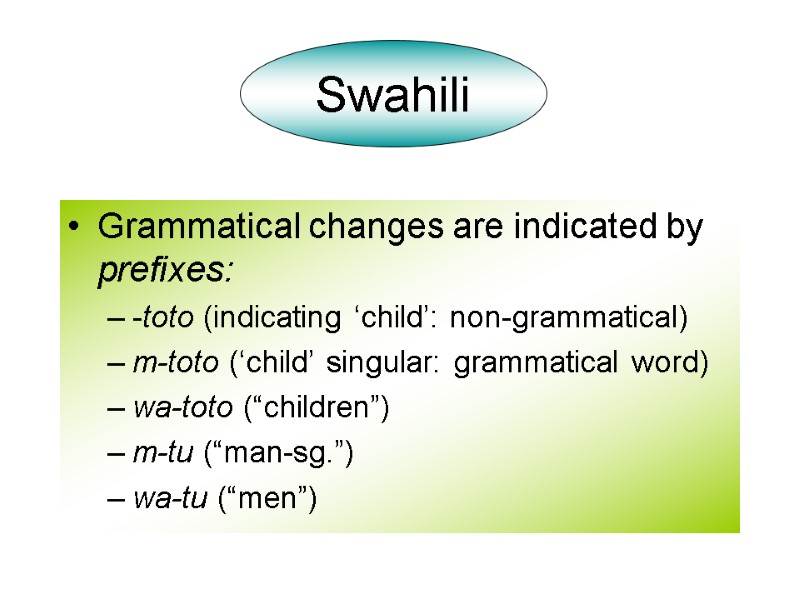 Grammatical changes are indicated by prefixes: -toto (indicating ‘child’: non-grammatical) m-toto (‘child’ singular: grammatical